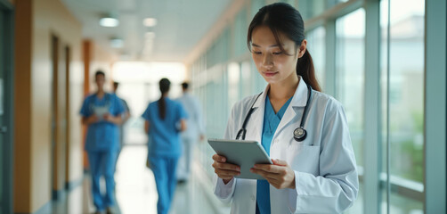 Asian female general practitioner doctor uses tablet computer modern hospital hall. Healthcare workers walk in blurred background. Medic browsing complex medical case insights online.