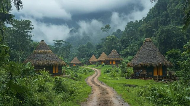 Misty mountain village with thatched huts along a dirt road
