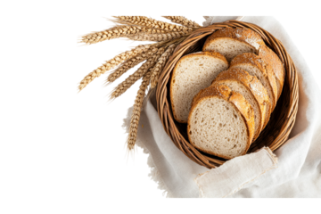 Circus background with an isolated basket of bread slices on the right side, linen cloth and wheat ears above it, top isolated with a black border isolated on a transparent background in PNG format.