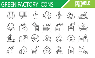 Sustainability, Green Energy, and Recycling Icons for Factories and Clean Production