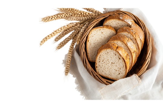 Circus background with an isolated basket of bread slices on the right side, linen cloth and wheat ears above it, top isolated with a black border isolated on a transparent background in PNG format.