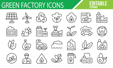 A Set of Eco-Friendly and Green Factory Icons for Clean Energy and Production

