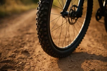 Fotobehang A close up of a bike tire on a dirt road © Jevjenijs