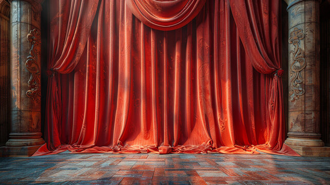 Ornate, ancient-style stage with a rich red velvet curtain.