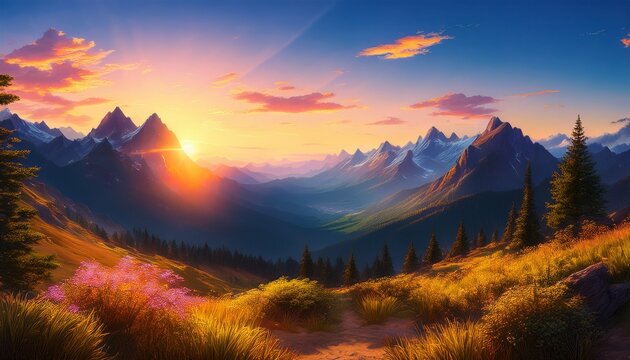 sunset in the mountains anime art