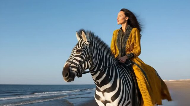 A woman is riding a zebra on a beach. The woman is wearing a yellow dress and has red lips. The zebra is standing on the beach, and the sky is clear and blue. The scene is peaceful and serene