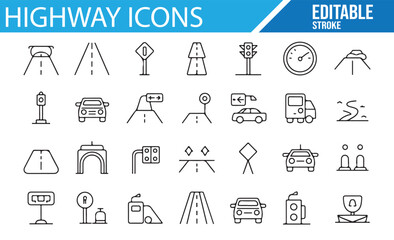 Road Safety and Highway Icons for Navigation, Travel, and Traffic Control