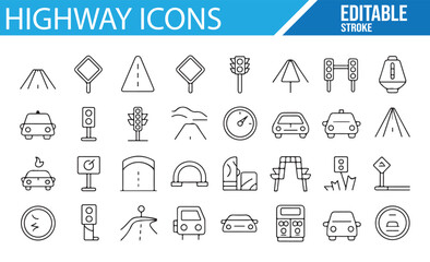 Traffic, Road, and Highway Icons Set for Navigation and Road Safety