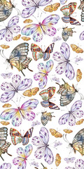 Watercolor Butterflies Collage with Lavender and Golden Hues for Decorative Art