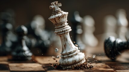 A king chess piece is falling off the board. Scene is dramatic and intense