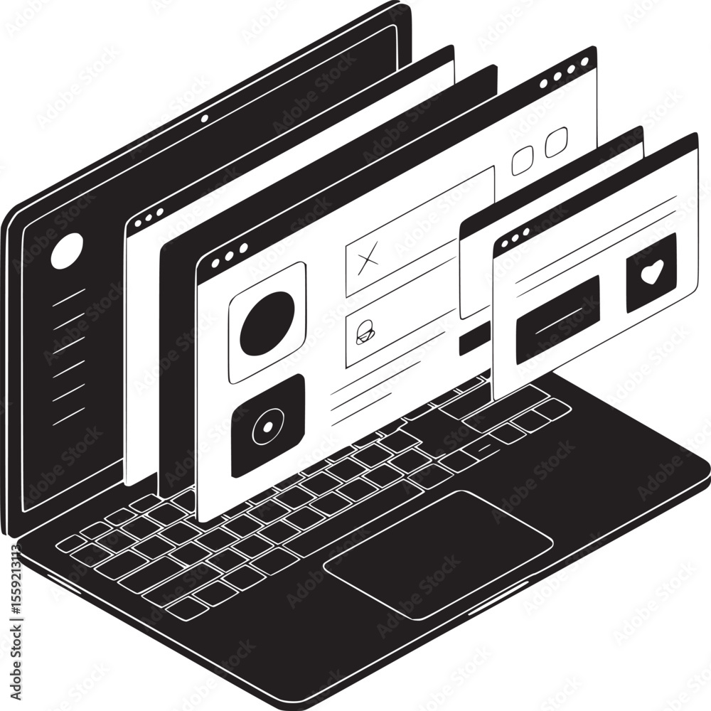 Poster isometric view of a black and white laptop with floating windows displaying user interfaces