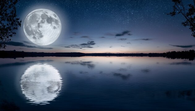 full moon reflected on calm water at night