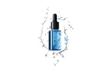 A bottle of blue liquid face serum with a black dropper, surrounded by water splashes on a white isolated with a black border isolated on a transparent background in PNG format.