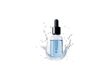 A bottle of blue liquid face serum with a black dropper, surrounded by water splashes on a white isolated with a black border isolated on a transparent background in PNG format.