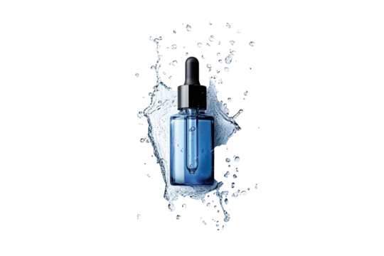 A bottle of blue liquid face serum with a black dropper, surrounded by water splashes on a white isolated with a black border isolated on a transparent background in PNG format.