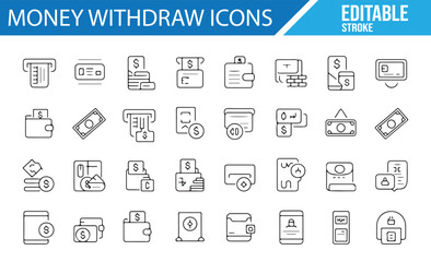 Icons Collection for Money Withdrawals, ATM, Credit Cards, and Bank Transactions