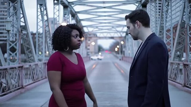 Interracial Couple in Tense Standoff on City Bridge – Visible Frustration Under Urban Evening Lights