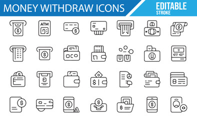 Banking and Money Withdrawal Icons Featuring ATMs, Cards, and Wallets