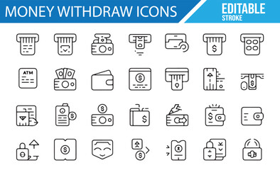 A collection of money withdrawal-related icons, featuring ATM machines, credit cards, wallets, and transactions, ideal for banking, finance, and financial transaction themes.