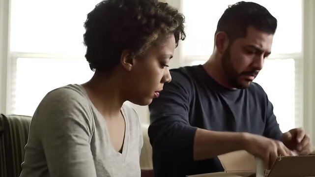 Interracial Couple Dividing Belongings at Home – Woman Holding Photo Frame as Man Packs Box
