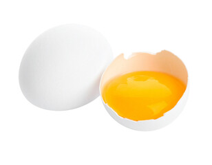 A whole white egg and a cracked egg isolated on transparent background
