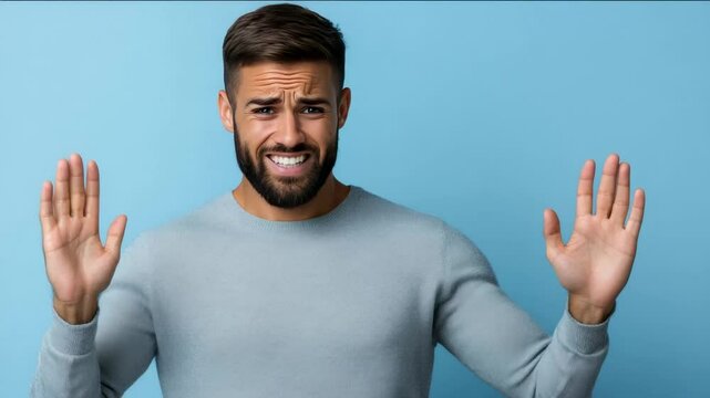 A young Caucasian male expressing surprise and confusion with hands raised against a blue background, embodying emotions like bewilderment and amazement casual attire unexpected reaction