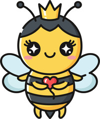 Cute Queen Bee Cartoon Holding a Heart – Adorable Vector Insect Character with Crown and Wings