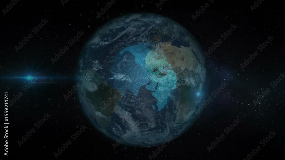 Poster lens flare starting 3d globe emerging and rotating with pulsing overlay visualizing data