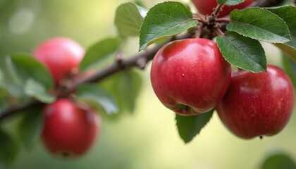 Illustration of fresh red apples hanging on tree branch surrounded by green leaves. Ripe fruits, natural background, ideal for healthy eating, organic food promotion. Harvest concept.