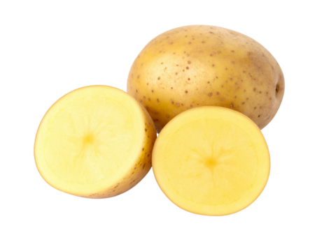A whole and sliced potato isolated on a transparent white background