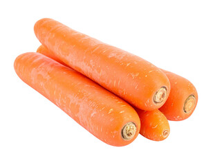 Four fresh carrots isolated on transparent background in studio shot