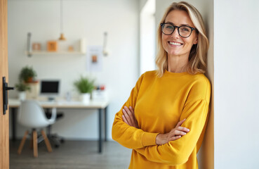 Middle-aged blond businesswoman smiles confidently at office. Happy female manager with crossed arms near wall in workplace. Successful, elegant, confident, professional adult woman with eyeglasses.