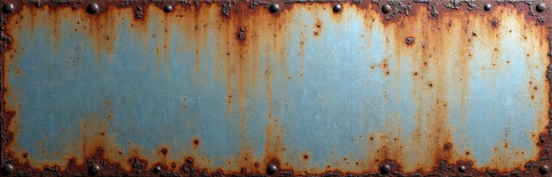 Old metal plate with rust texture, rivets, grunge effect. Weathered surface shows corrosion, aged metal panel, peeling paint, creating industrial backdrop. Rough, damaged, vintage look, grunge