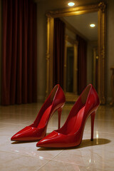 A pair of elegant red patent leather high heels standing on tiles in a luxurious interior with red curtains and a golden mirror creating a glamorous atmosphere.