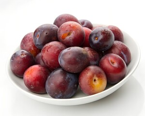 Obraz premium Full Plate of Fresh Whole Plums Isolated on White Background