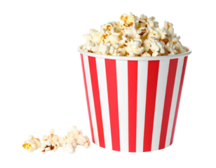 A red and white striped popcorn bucket isolated on transparent background