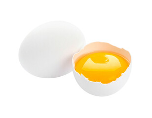 A cracked egg with bright yellow yolk isolated on transparent background