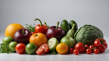 Fresh vegetables and fruits isolated on white background.