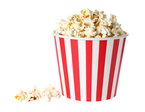A red and white striped popcorn bucket isolated on transparent background