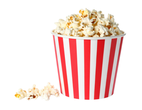 A red and white striped popcorn bucket isolated on transparent background