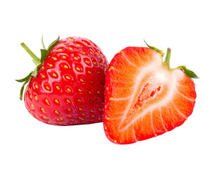 A fresh strawberry and a halved strawberry isolated on transparent background