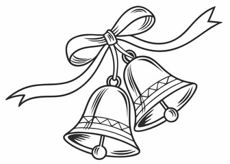 Elegant hand drawn black and white christmas bells with a decorative ribbon and transparent background suitable for various design purposes