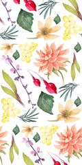 Elegant floral watercolor patchwork design with botanical elements of nature