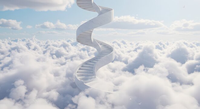 a spiral staircase that leads to nowhere in the clouds