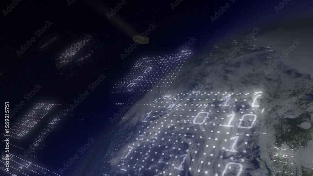 Poster scan beam appearing triggers 3d panels forming and drifting in earth orbit while mapping cloud data
