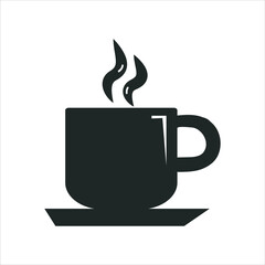 Simple dark silhouette of a steaming coffee cup on a white background.