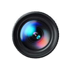 Plastic-style camera lens icon with glossy finish, isolated on transparent background .