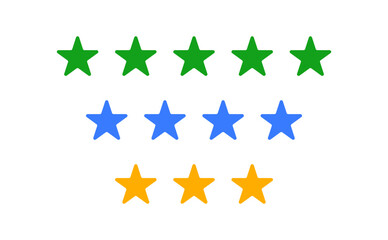 yellow five star rating icon, four start rating and 3 star rating

