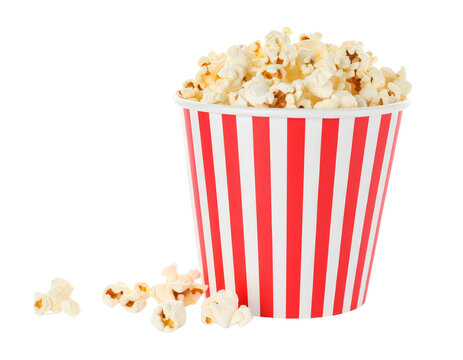 Popcorn in a red and white striped bucket isolated on transparent background