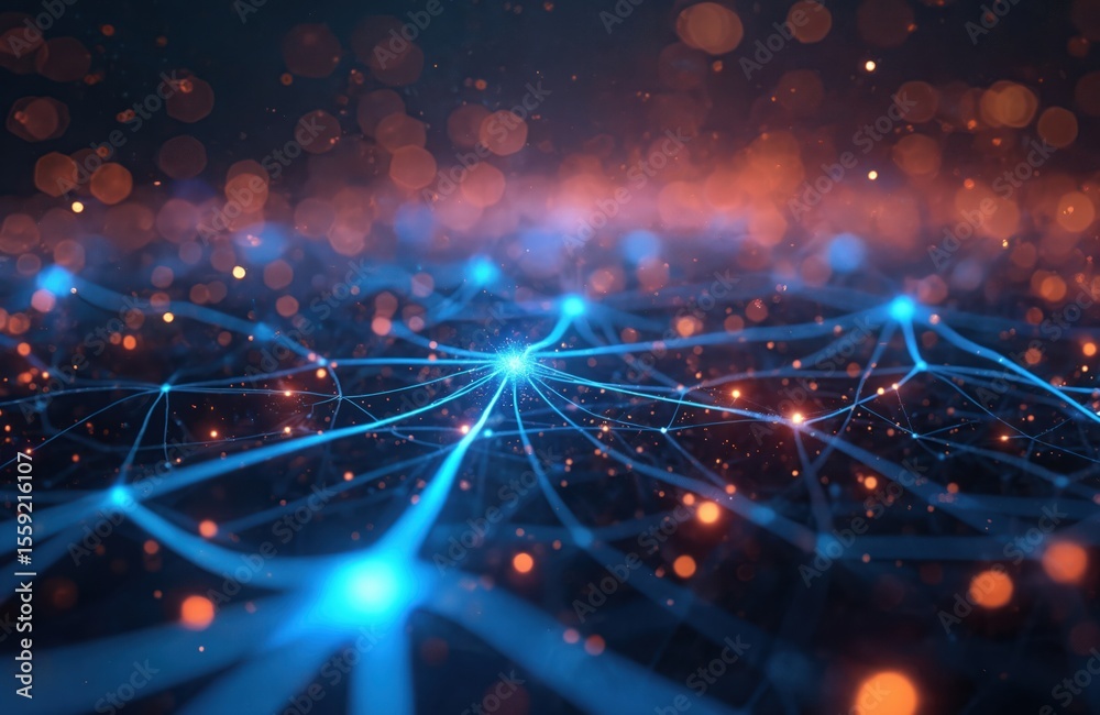 Aufkleber Abstract tech image shows glowing interconnected neural lines against dark background. Lines create network, representing connections, digital communication, data transfer, Artificial intelligence,